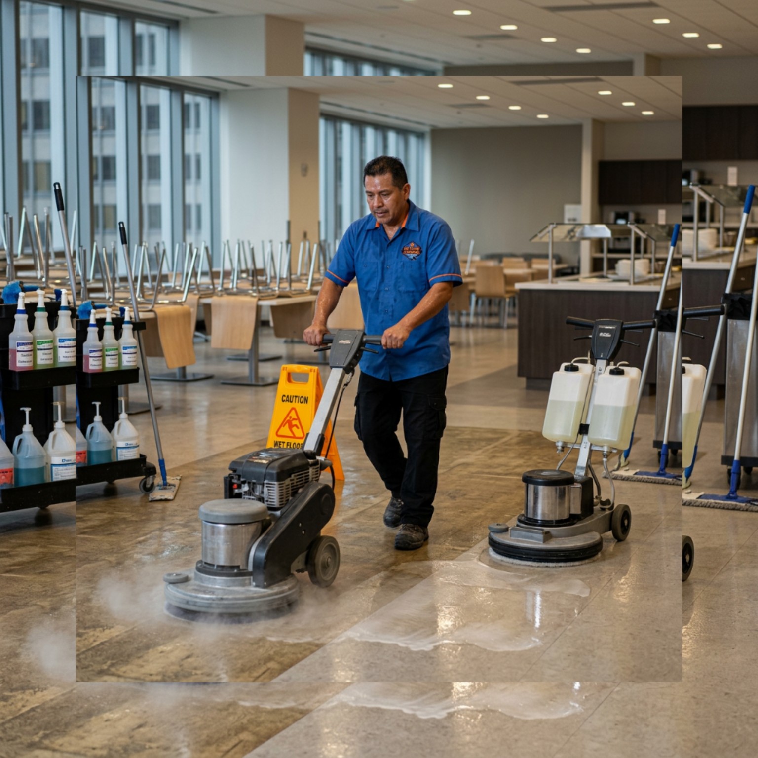 Commercial floor care machine polishing a facility floor