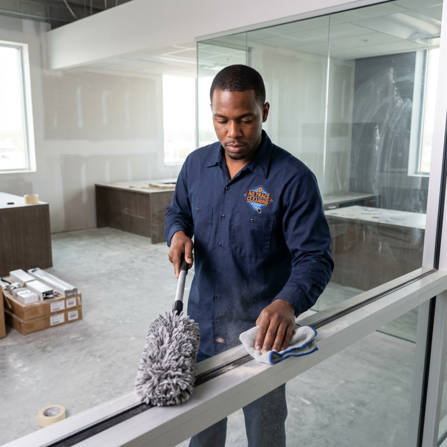 Post-construction detail cleaning on a commercial window frame